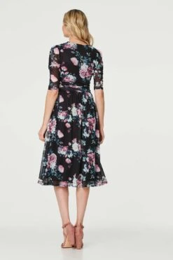 Floral Ruched Midi Tea Dress -Hallmark Style D170676 MULTI BLACK 5