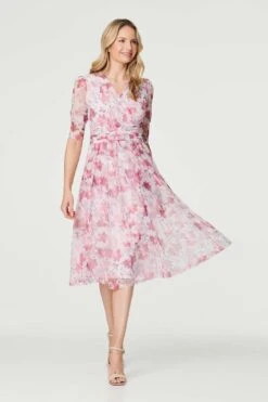 Floral Wrap Front Tea Dress -Hallmark Style D170677 MULTI RED 3
