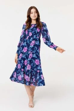 Floral Semi-Sheer Tiered Midi Dress -Hallmark Style D170706 MULTI NAVY 2 ae94019e af81 4ae9 b93d a616e33431a1