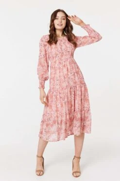 Floral Print Smocked Midi Dress -Hallmark Style D170707 MULTI PINK 2