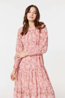 Floral Print Smocked Midi Dress -Hallmark Style D170707 MULTI PINK 3