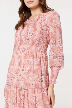 Floral Print Smocked Midi Dress -Hallmark Style D170707 MULTI PINK 6