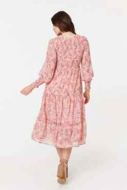 Floral Print Smocked Midi Dress -Hallmark Style D170707 MULTI PINK 7