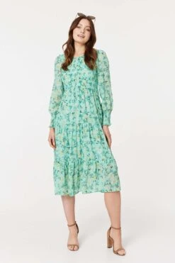 Floral Long Sleeve Midi Smock Dress -Hallmark Style D170708 BLUE 1
