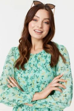 Floral Long Sleeve Midi Smock Dress -Hallmark Style D170708 BLUE 4