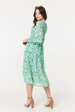 Floral Long Sleeve Midi Smock Dress -Hallmark Style D170708 BLUE 7