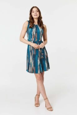 Printed Sleeveless Short Dress -Hallmark Style D170744 TEAL 1