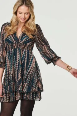 Printed Layered Hem Mini Dress -Hallmark Style D170960 MULTI GREEN 3