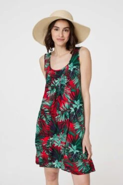 Leaf Print Sleeveless Tunic Dress -Hallmark Style D170998 MULTI RED 2