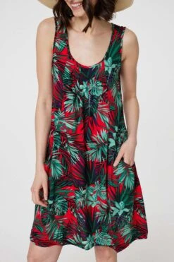 Leaf Print Sleeveless Tunic Dress -Hallmark Style D170998 MULTI RED 4