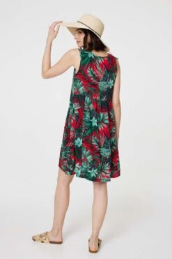 Leaf Print Sleeveless Tunic Dress -Hallmark Style D170998 MULTI RED 6