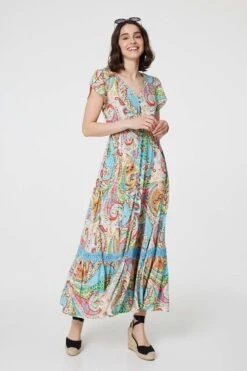Paisley V-Neck Button Detail Maxi Dress -Hallmark Style D171000 MULTI BLUE 1