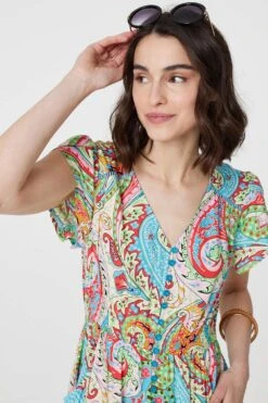 Paisley V-Neck Button Detail Maxi Dress -Hallmark Style D171000 MULTI BLUE 4