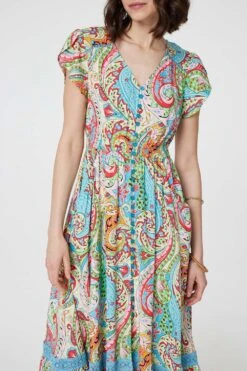 Paisley V-Neck Button Detail Maxi Dress -Hallmark Style D171000 MULTI BLUE 5