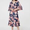 Floral 3/4 Sleeve Ruffled Midi Dress 1 Floral 3/4 Sleeve Ruffled Midi Dress -Hallmark Style D171007 MULTI NAVY 1