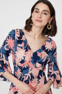 Floral 3/4 Sleeve Ruffled Midi Dress -Hallmark Style D171007 MULTI NAVY 3