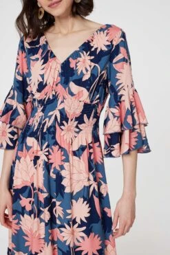 Floral 3/4 Sleeve Ruffled Midi Dress -Hallmark Style D171007 MULTI NAVY 4