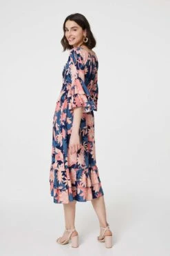 Floral 3/4 Sleeve Ruffled Midi Dress -Hallmark Style D171007 MULTI NAVY 6