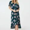 Floral Frill Hem Midi Wrap Dress -Hallmark Style D171014 DARK GREEN 1