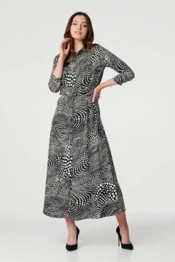 Dotty Print 3/4 Sleeve Shirt Dress -Hallmark Style D171213 MULTI BLACK 2