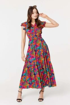 Floral Frill Cap Sleeve Midi Dress -Hallmark Style D171218 MULTI PINK 2