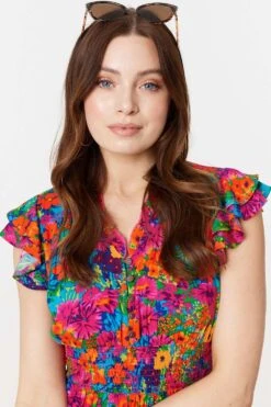 Floral Frill Cap Sleeve Midi Dress -Hallmark Style D171218 MULTI PINK 4