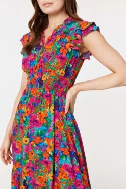 Floral Frill Cap Sleeve Midi Dress -Hallmark Style D171218 MULTI PINK 5