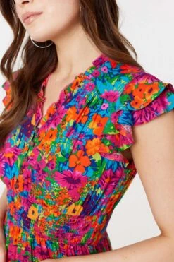 Floral Frill Cap Sleeve Midi Dress -Hallmark Style D171218 MULTI PINK 6