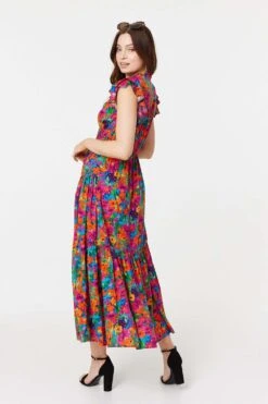 Floral Frill Cap Sleeve Midi Dress -Hallmark Style D171218 MULTI PINK 7