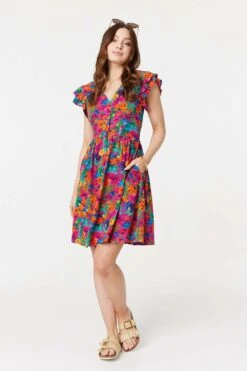 Floral V-Neck Frilled Sleeve Short Dress -Hallmark Style D171219 MULTI PINK 2