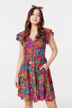 Floral V-Neck Frilled Sleeve Short Dress -Hallmark Style D171219 MULTI PINK 4