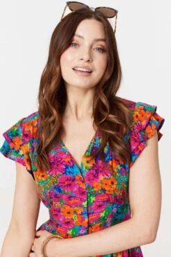 Floral V-Neck Frilled Sleeve Short Dress -Hallmark Style D171219 MULTI PINK 5