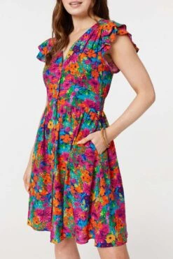 Floral V-Neck Frilled Sleeve Short Dress -Hallmark Style D171219 MULTI PINK 6