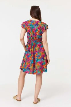 Floral V-Neck Frilled Sleeve Short Dress -Hallmark Style D171219 MULTI PINK 7