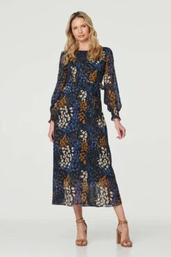Printed Long Puff Sleeve Midi Dress -Hallmark Style D171230 MULTI NAVY 1
