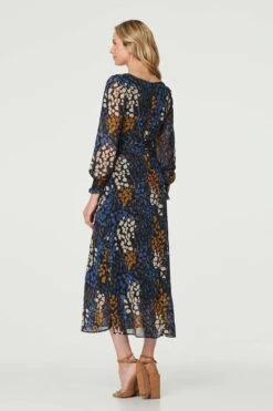 Printed Long Puff Sleeve Midi Dress -Hallmark Style D171230 MULTI NAVY 5