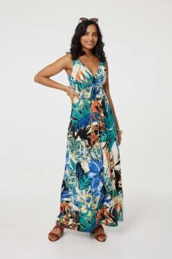 Tropical Print V-Neck Empire Maxi Dress