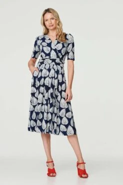 Printed Short Sleeve Wrap Tea Dress