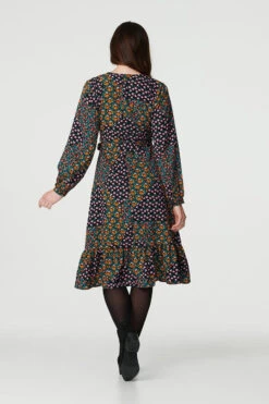 Patchwork Print Ruffled Wrap Dress 10 Patchwork Print Ruffled Wrap Dress -Hallmark Style D171255 MULTI BLACK 5