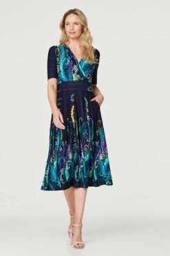 Printed Ruched Waist Midi Dress -Hallmark Style D171276 MULTI NAVY 1
