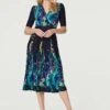 Printed Ruched Waist Midi Dress 1 Printed Ruched Waist Midi Dress -Hallmark Style D171276 MULTI NAVY 2