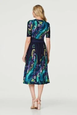 Printed Ruched Waist Midi Dress -Hallmark Style D171276 MULTI NAVY 6