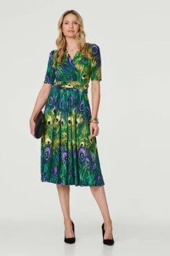 Peacock Print Ruched Waist Dress -Hallmark Style D171277 MULTI GREEN 1