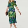 Peacock Print Ruched Waist Dress 2 Peacock Print Ruched Waist Dress -Hallmark Style D171277 MULTI GREEN 2