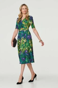 Peacock Print Ruched Waist Dress