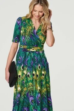 Peacock Print Ruched Waist Dress -Hallmark Style D171277 MULTI GREEN 3