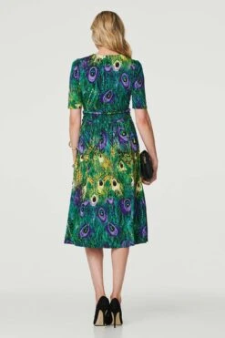 Peacock Print Ruched Waist Dress -Hallmark Style D171277 MULTI GREEN 6
