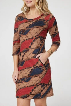 Printed Short Hem Tunic Dress -Hallmark Style D171317 MULTI RED 6