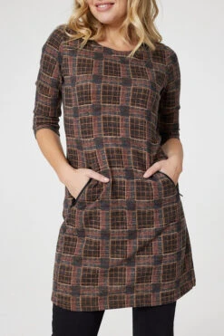 Printed Pocket Detail Tunic Dress -Hallmark Style D171318 MULTI BLACK 6