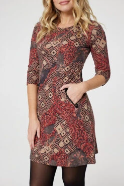 Printed Button Neck Tunic Dress -Hallmark Style D171319 MULTI RED 5